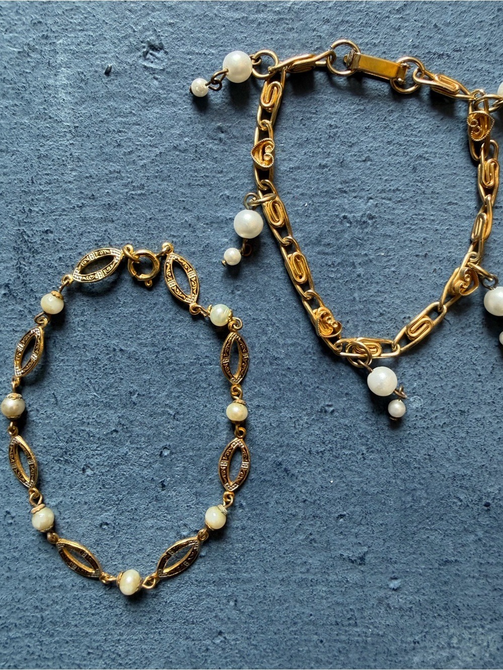 Vintage Gold Tone &Faux Pearl Bracelets,Set of 2